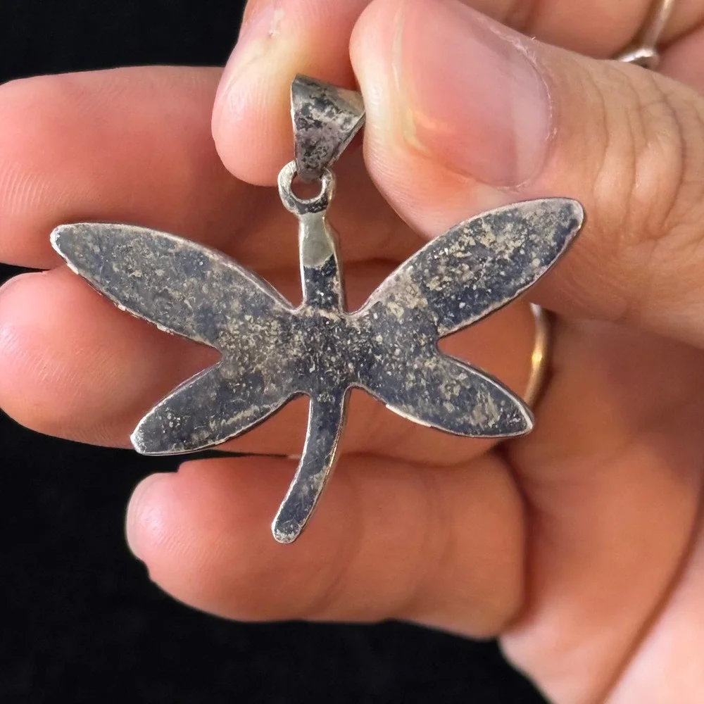 Vintage Spiny Oyster Opal Inlay Dragonfly Pendant Silver Tone Southwestern Boho